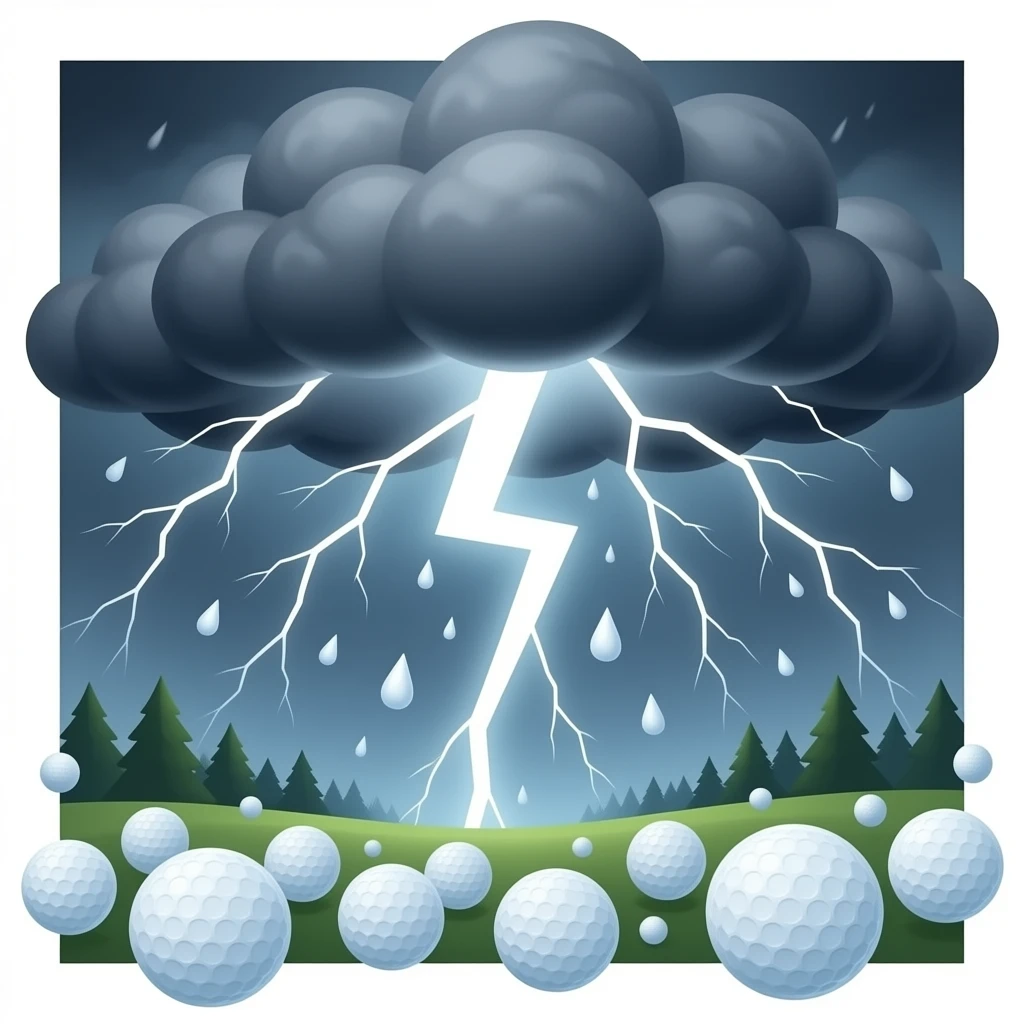 A bad thunderstorm with lightening strikes, dark ominous clouds and and white hail the size of golf balls raining down from the sky emoji