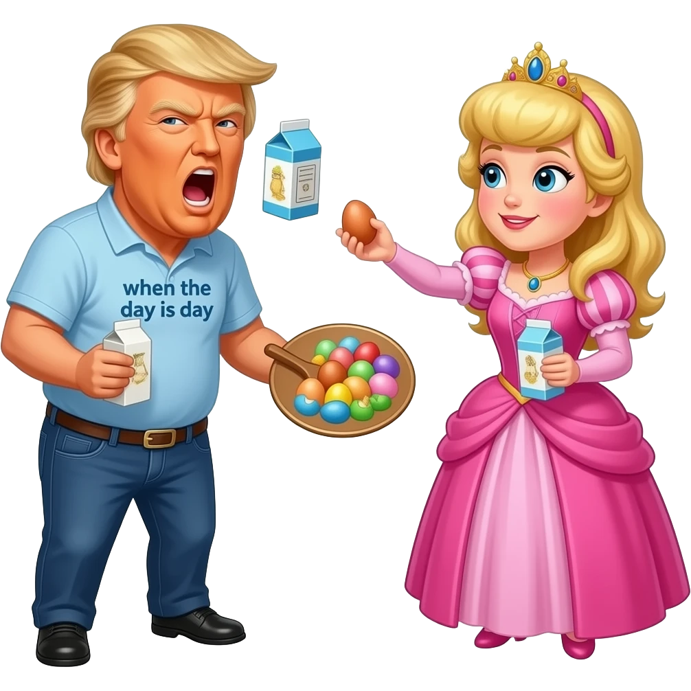 bob ross yells as donald trump in a princess gown throws eggs and cartons of milk at his face and bob ross's shirt says "when the day is day" emoji