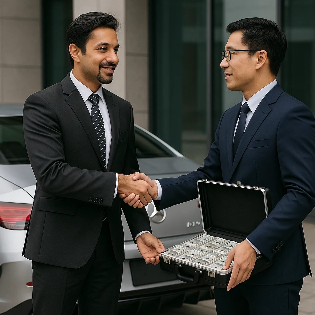 A light-skinned Indian man with a goatee handing a briefcase of money to a Chinese man, both shaking hands, with an AMG car in the background. emoji