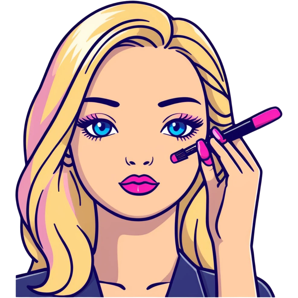 Blonde woman with long hair, blue eyes and pink lips holding mascara in her hands emoji