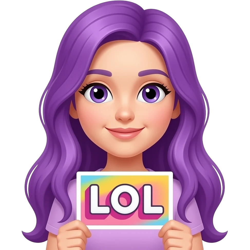 girl with long purple hair with a LOL sign emoji
