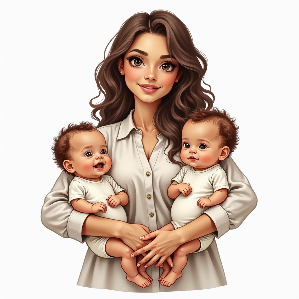 realistic illustration of a mother standing holding two babies in her arms, detailed face, expressive eyes and lips, long wavy hair, wearing a blouse, babies in bodysuits, no background emoji