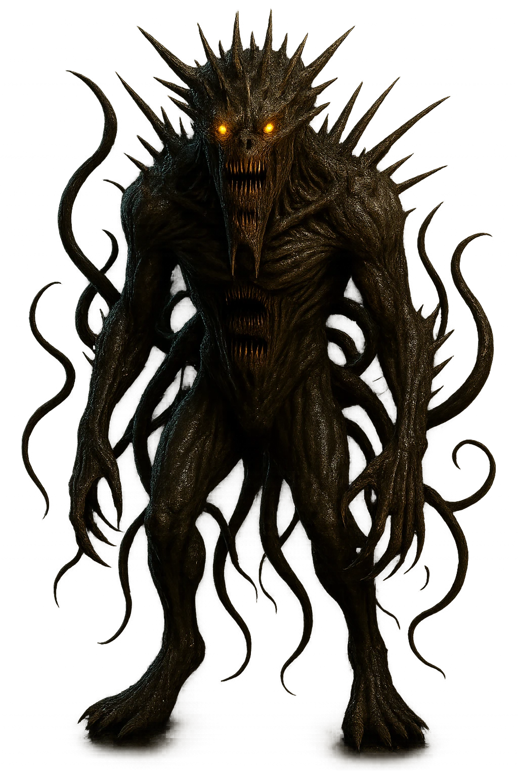 Add even more monstrous features to the monster in the image: extra mouths, horns, spikes, claws, and tentacles. Keep the monster huge, terrifying, realistic, slimy, with glowing eyes, and no background. emoji