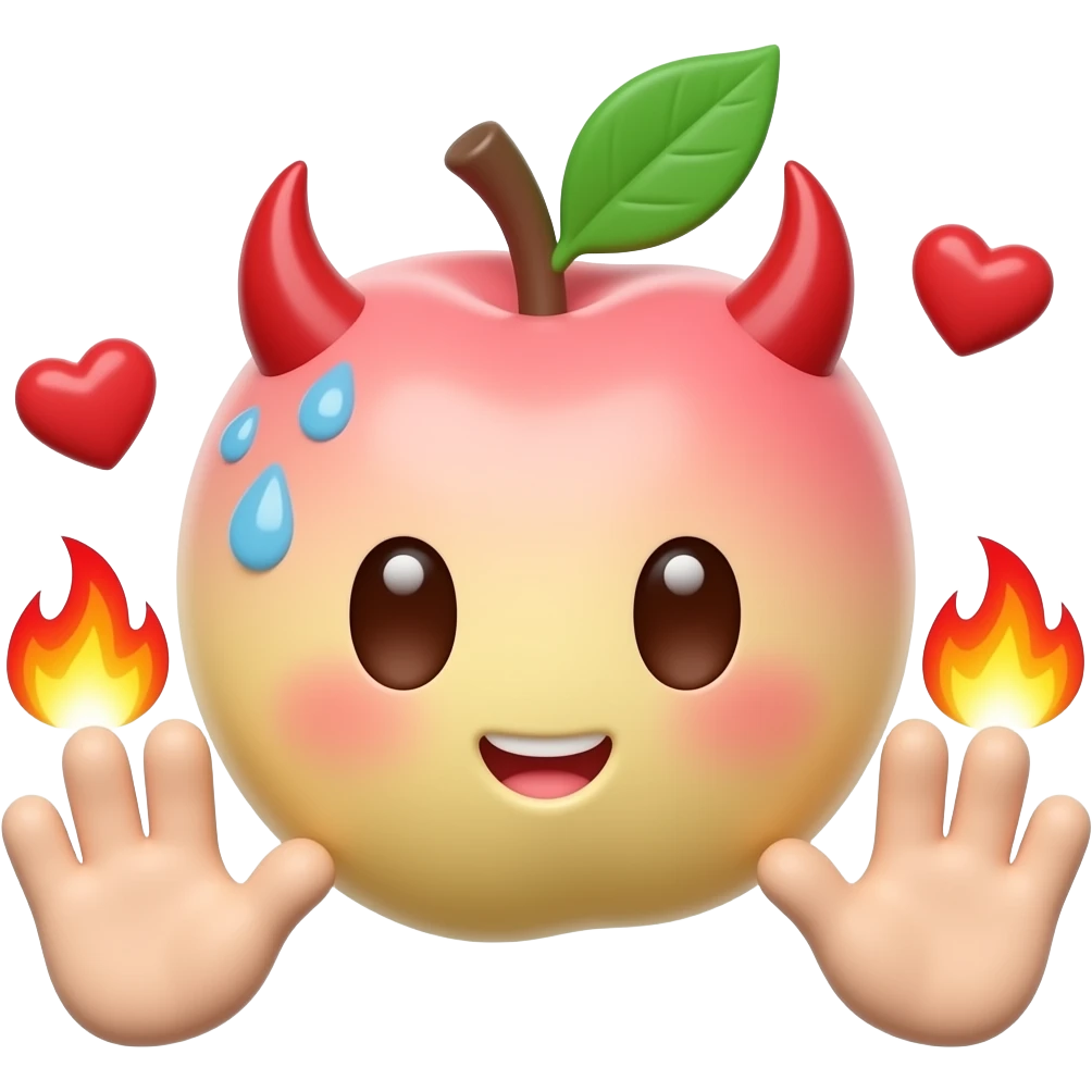 A glossy 3D peach emoji sticker between two cute cartoon hands, cheeky blushing face, tiny devil horns, sweat drops, hearts and flames, playful forbidden fruit humor, suggestive adult emoji style, clean transparent background, soft shadow, high quality, no text, no watermark, non-explicit emoji