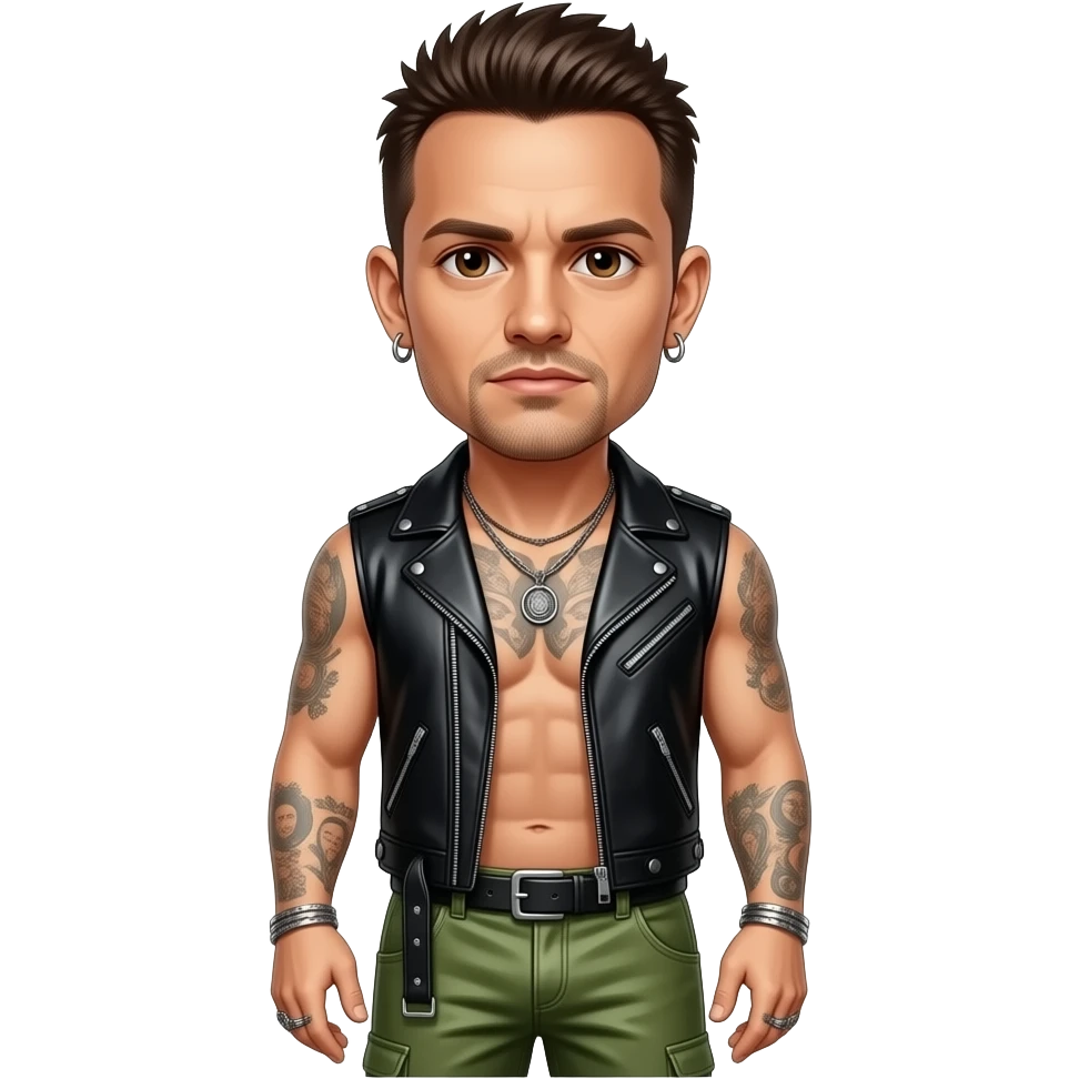 Chester Bennington with brown eyes, dark brown hair, black metallic vest, olive green metallic baggy loose pants, shirtless with necklace and earrings emoji