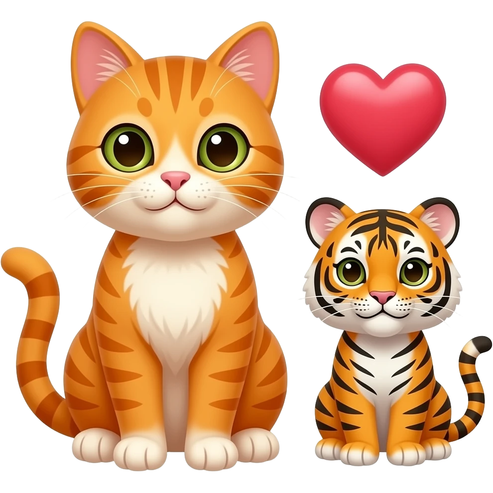 Un gato naranja y un tigrecito con un corazón en medio del mismo tamaño los dos emoji