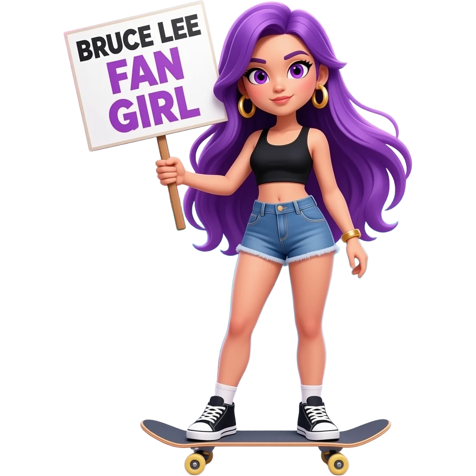 sexy girl with long purple hair and purple eyes holding BRUCE LEE FAN GIRL sign emoji