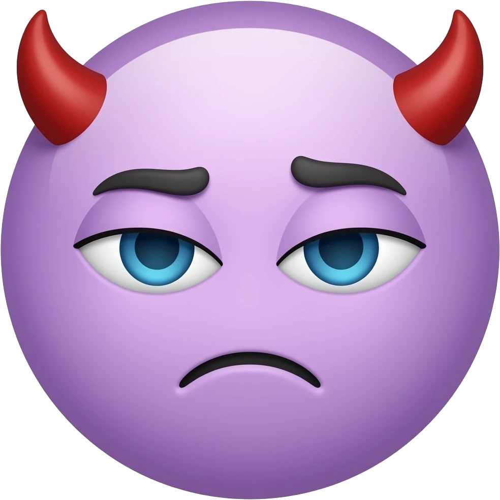 shy emoji m  make the skin color purple and make him smile and make the eyes blue and make him with a smilebut the circle shy emoji not people the round shy emoji and also make the horns red and also add some horns on the head and make the shy emoji look sad emoji