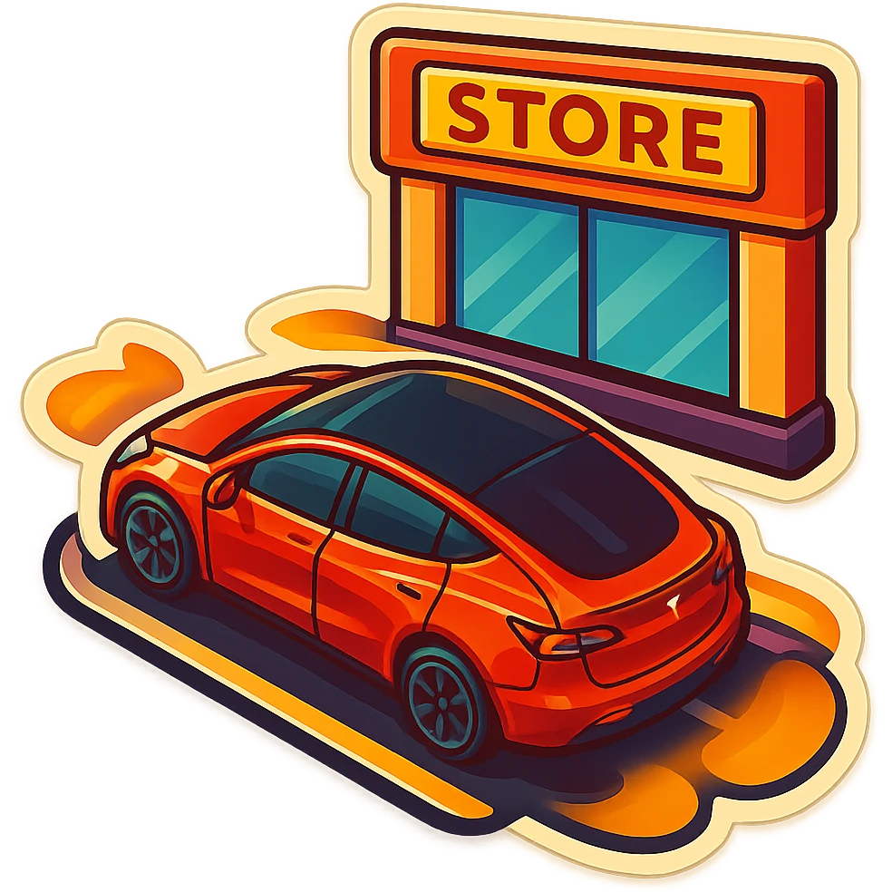 A Tesla Model Y parallel parking in front of a store, from above emoji