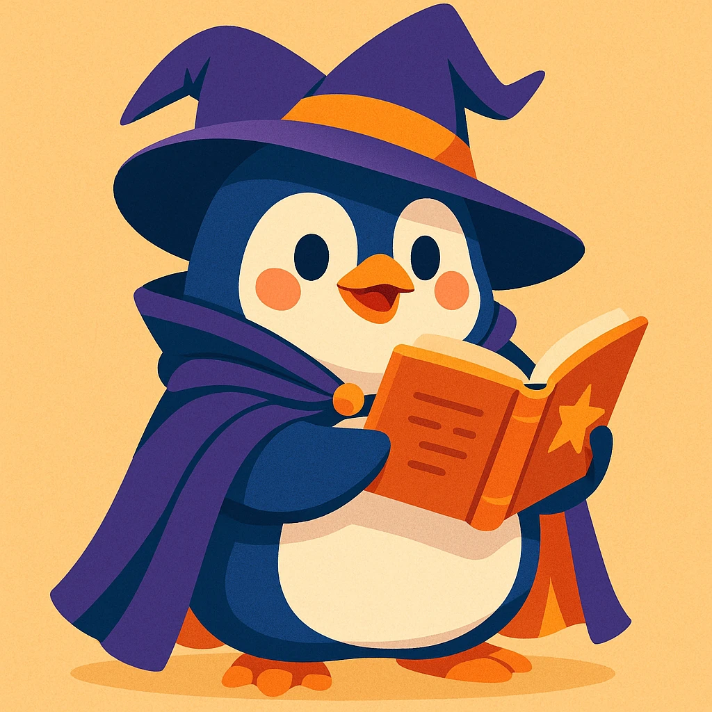 playful style chubby penguin with a wizard hat and cloak, holding an open spellbook emoji