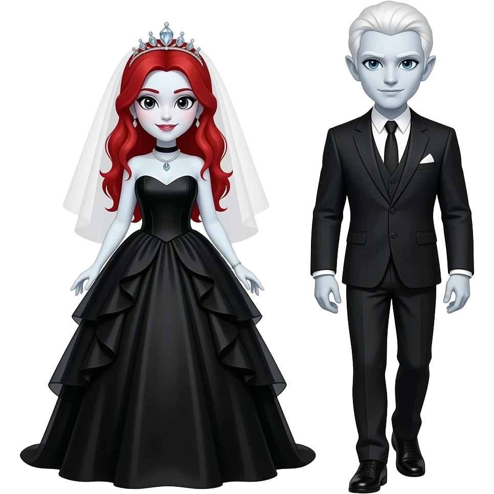 Vampiro femmina ADOLESCENTE con pelle bianca e capelli rossi indossa un vestito da sposa nera e una tiara di diamanti e si dirige verso  il suo fidanzato VAMPIRO con la pelle bianca e SENZA MANTELLO emoji