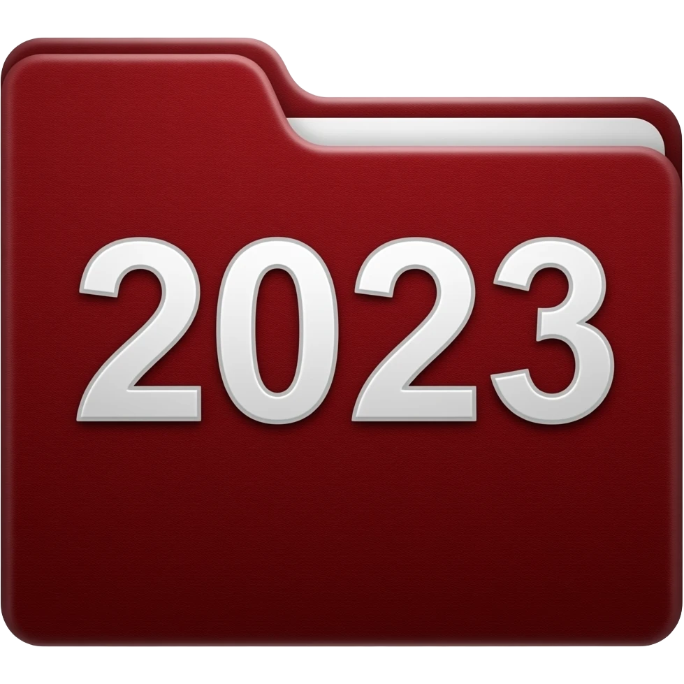 2023: Dark red folder inset with white "2023" text. emoji