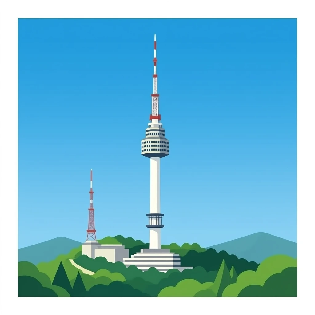 Namsan Seoul Tower, clear blue sky, simple composition, centered tower, minimal background emoji