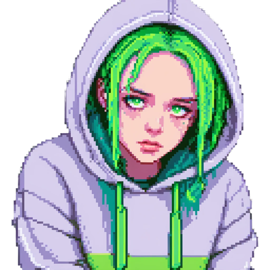 pixel art of Billie Eilish with neon green hair, wearing a hoodie, serious look emoji