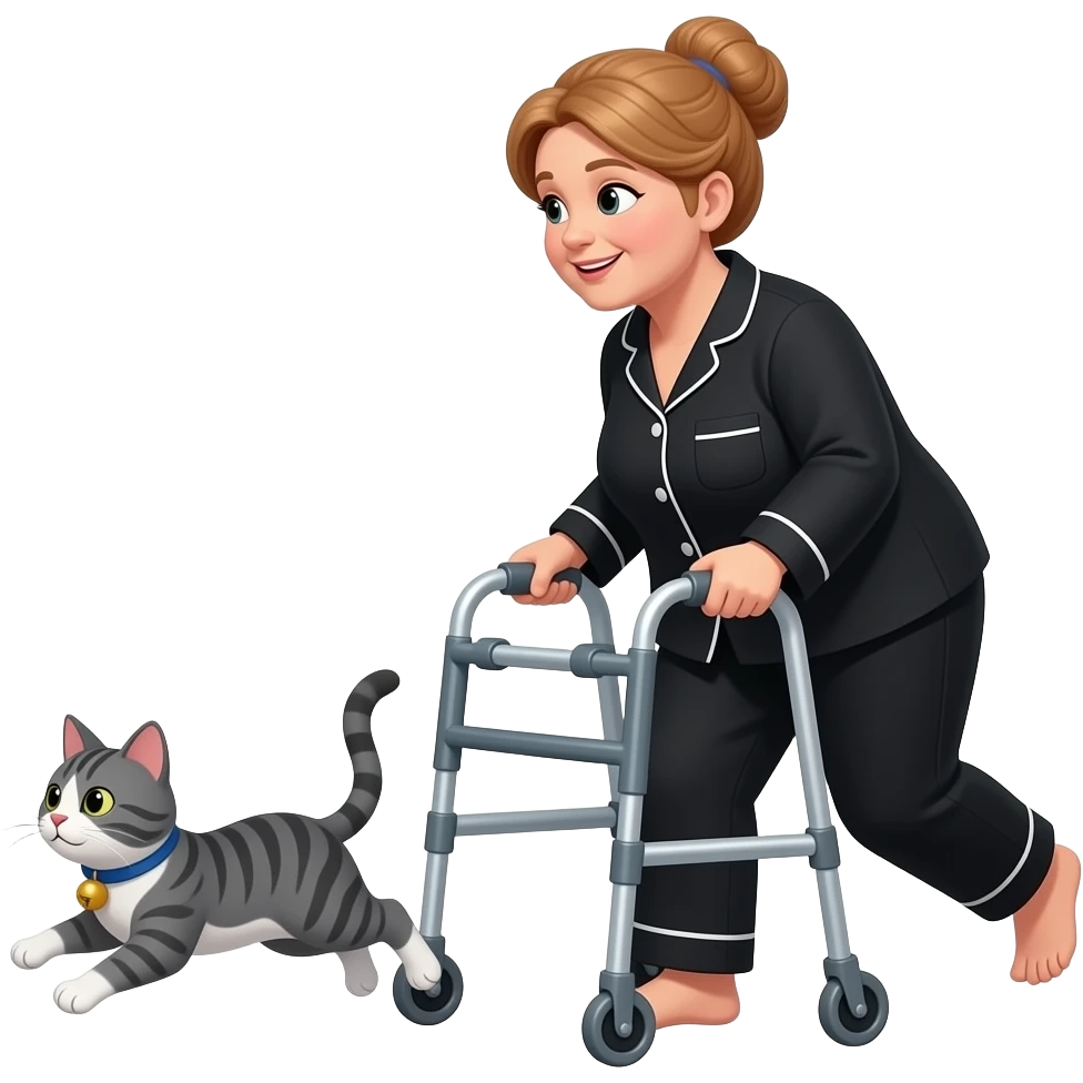 Tiny moving  emoji, Middle aged, a little heavy set, d, light auburn hair in a bun, woman in  black pajamas using walker, chasing after a fast grey and white tabby cat with a blue collar with round bell emoji
