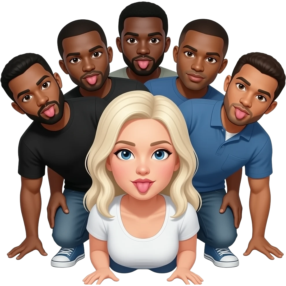 5 black guys behind a white woman facing me bent over touthong her but licking thier lips emoji