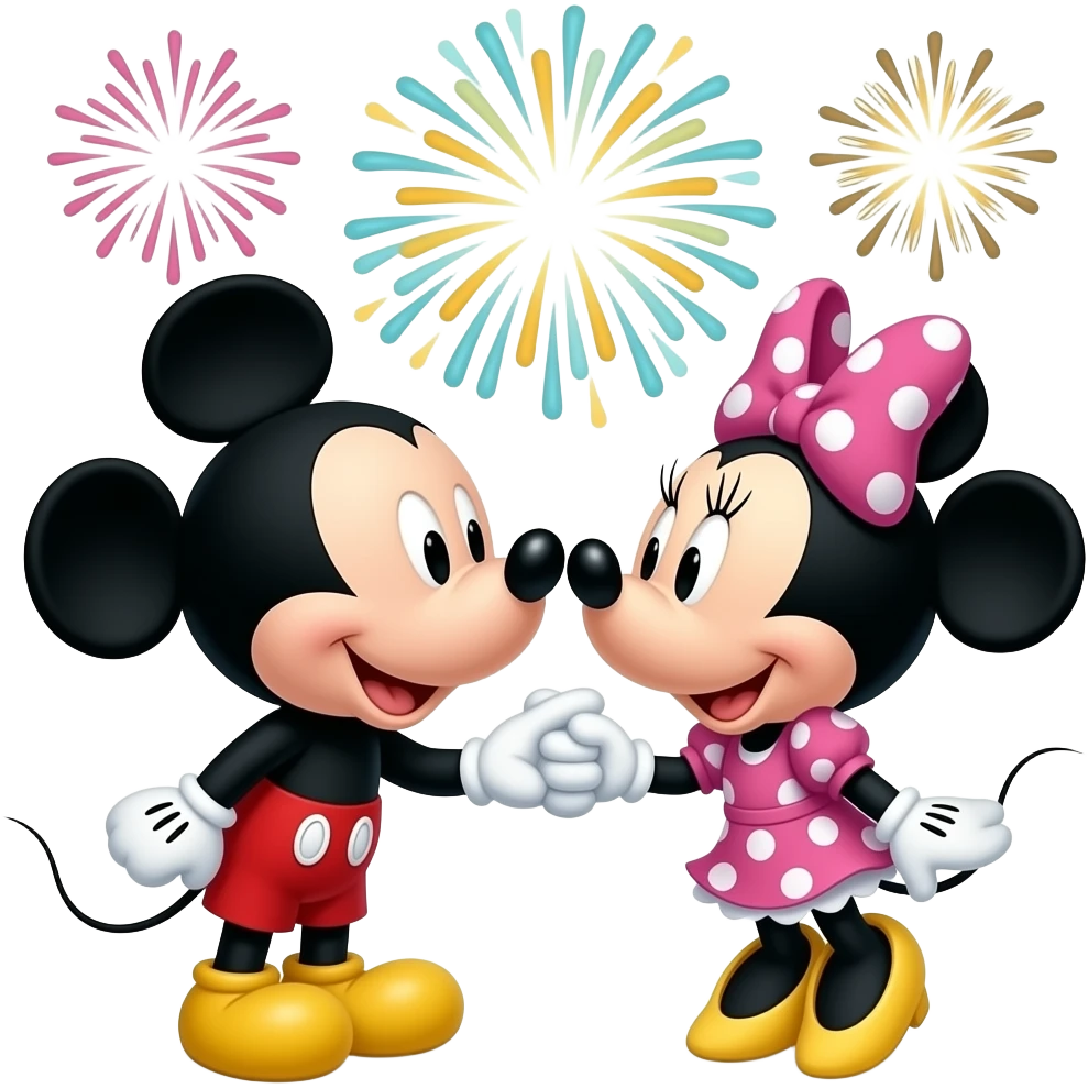 Cute kawii Mickey kissing Minnie Mouse under fireworks emoji