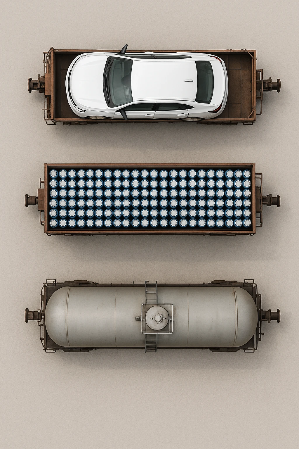 Вид строго сверху (top-down). Реалистичный грузовой поезд из трёх вагонов.
Вагон 1: внутри одна большая белая машина Chevrolet (без логотипов и без каких-либо надписей).
Вагон 2: много одинаковых банок синего цвета, похожих на напиток Pepsi, уложенных плотными рядами, но без логотипов и надписей.
Вагон 3: железнодорожная цистерна для газа, полностью реалистичная, без надписей, без маркировки, без символов.
Ничего не обрезано, весь поезд полностью помещается в кадр сверху. Чистый нейтральный фон, без окружения. Максимальная реалистичность, ровный свет. emoji