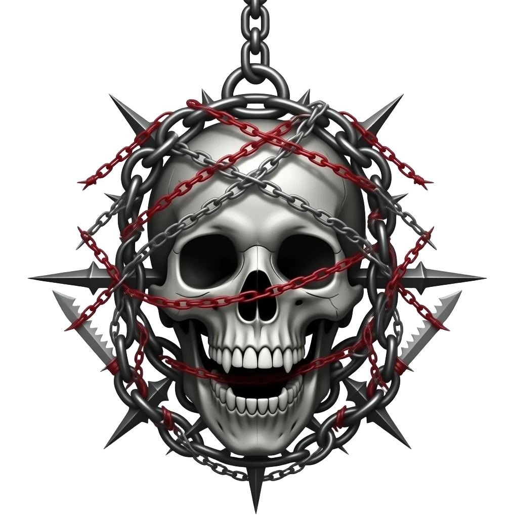 Aesthetic beautiful cool Chained Hanging, bones, teeth, spikes, barbed wire, blades edgy gothic black red silvery grey cool steel greyish dusky cold Hanging decorative decoration emoji