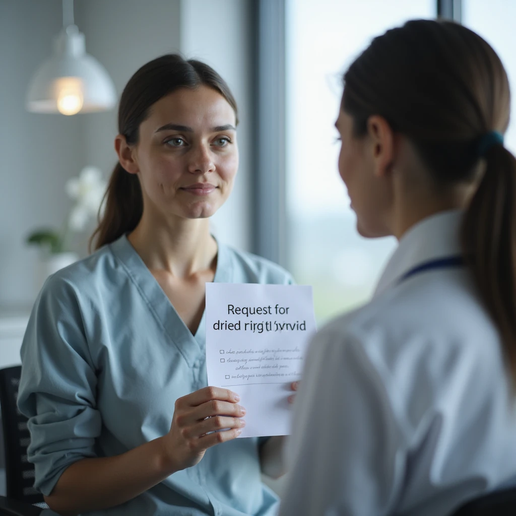 woman sitting in front of a doctor, handing over a paper with 'Request for dried pig thyroid' written on it, determined expression, modern clinical environment, hyperrealistic 4K details emoji