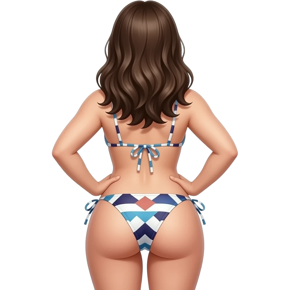 emoji style girl from behind wearing bikini, curvy body, detailed hair, emphasized hips, standing pose, slightly arched back, soft shading, high detail, sticker style, clean background emoji