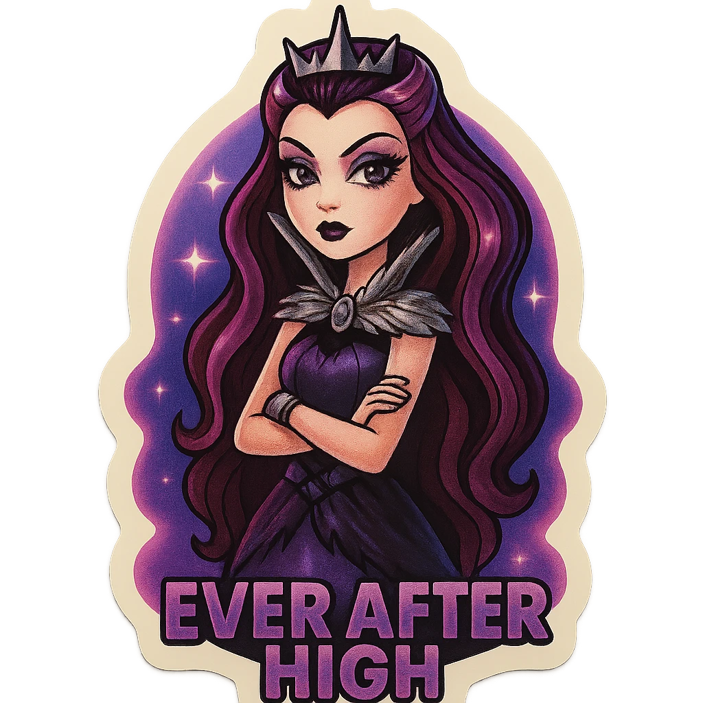 Ever After High sticker of Raven Queen, gothic fashion, purple and black colors, dramatic makeup, crown, magical aura emoji