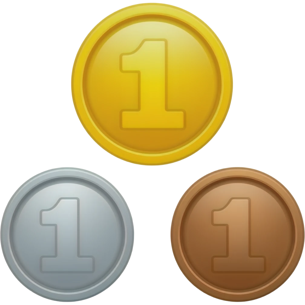 gold coin, silver coin, bronze coin emoji