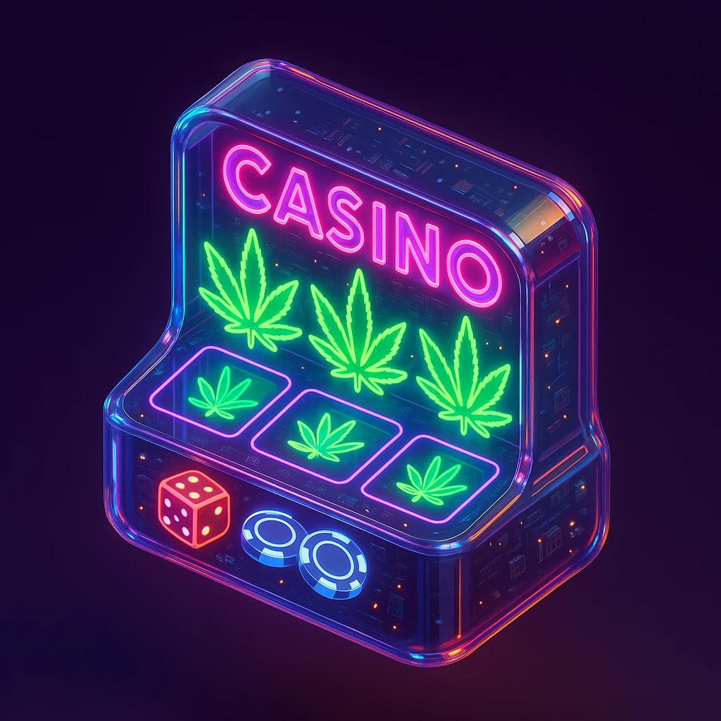 casino board with marijuana leaves, neon lights, energetic vibe emoji