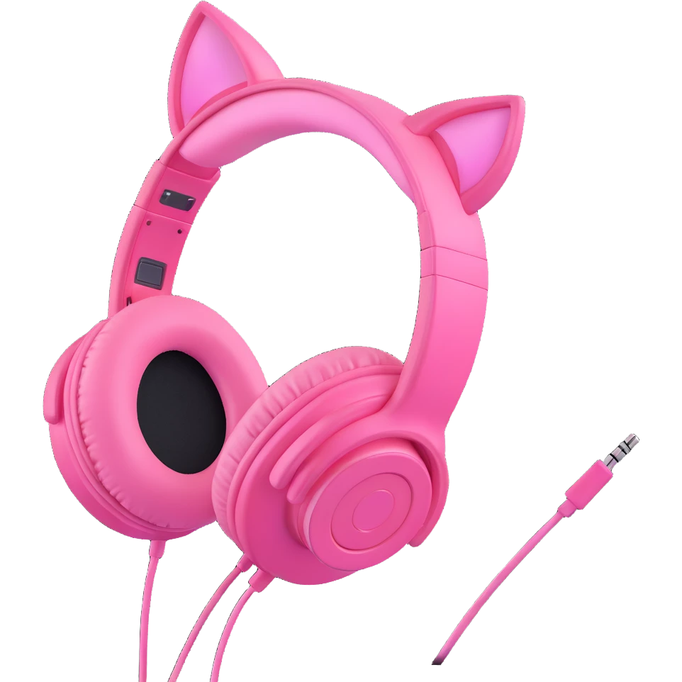 Adjust the angle of the pink headphones with pink cat ears to match the same angle as the clean, modern icon style version. Keep the 3D emoji style and ensure the background remains transparent. emoji