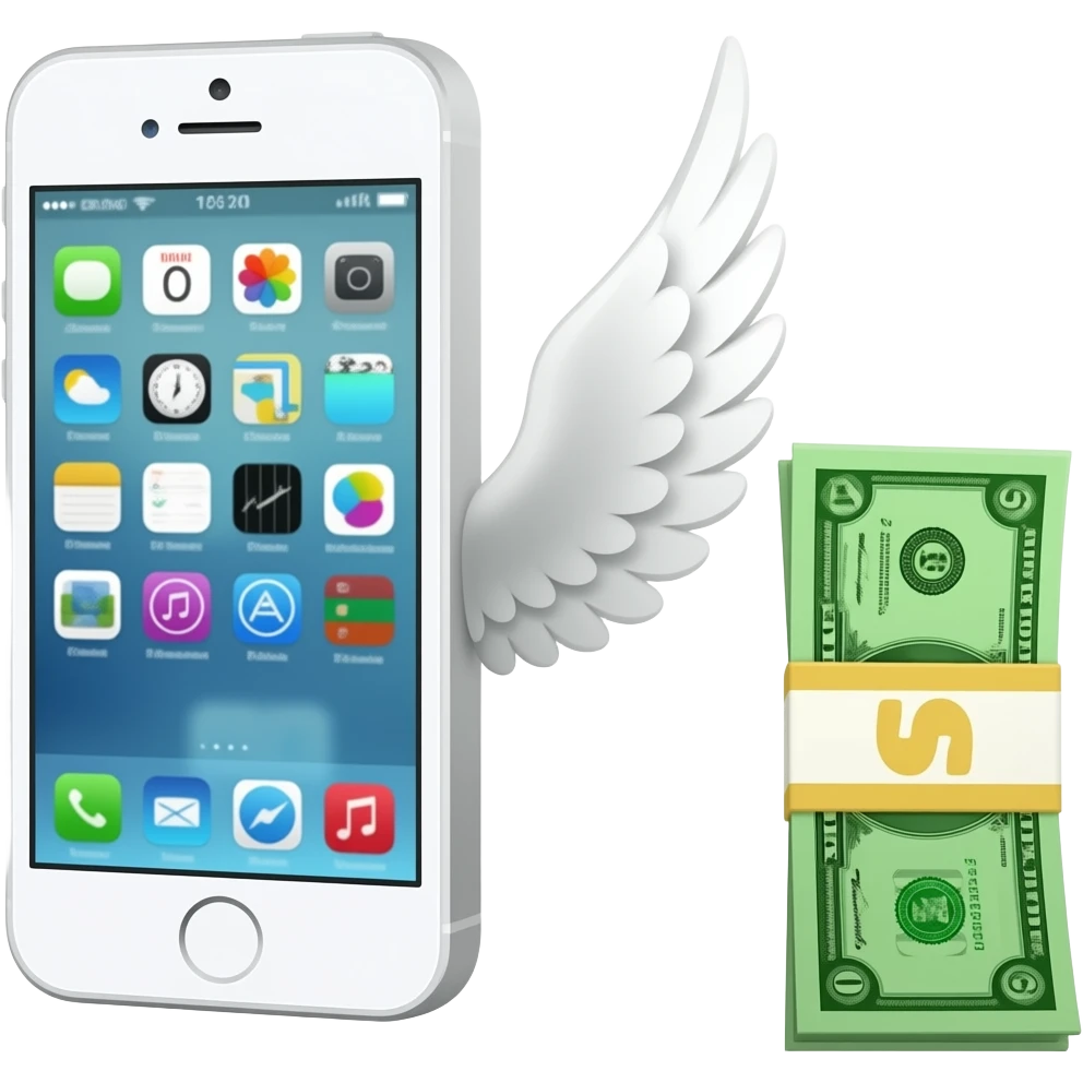A white iPhone 5s and a banknote with wings emoji
