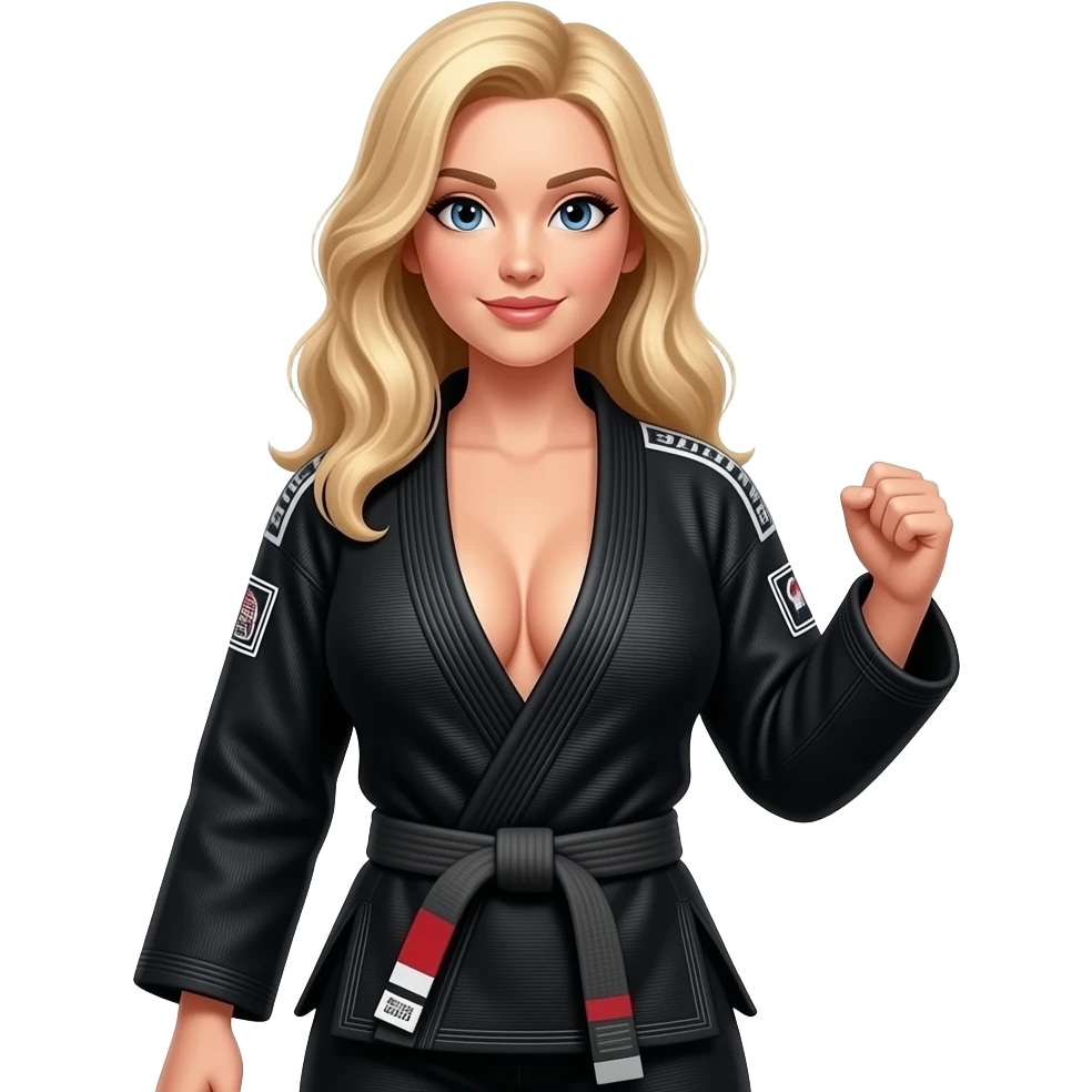 Sexy blonde woman with big boobs wearing Black BJJ gi full body emoji