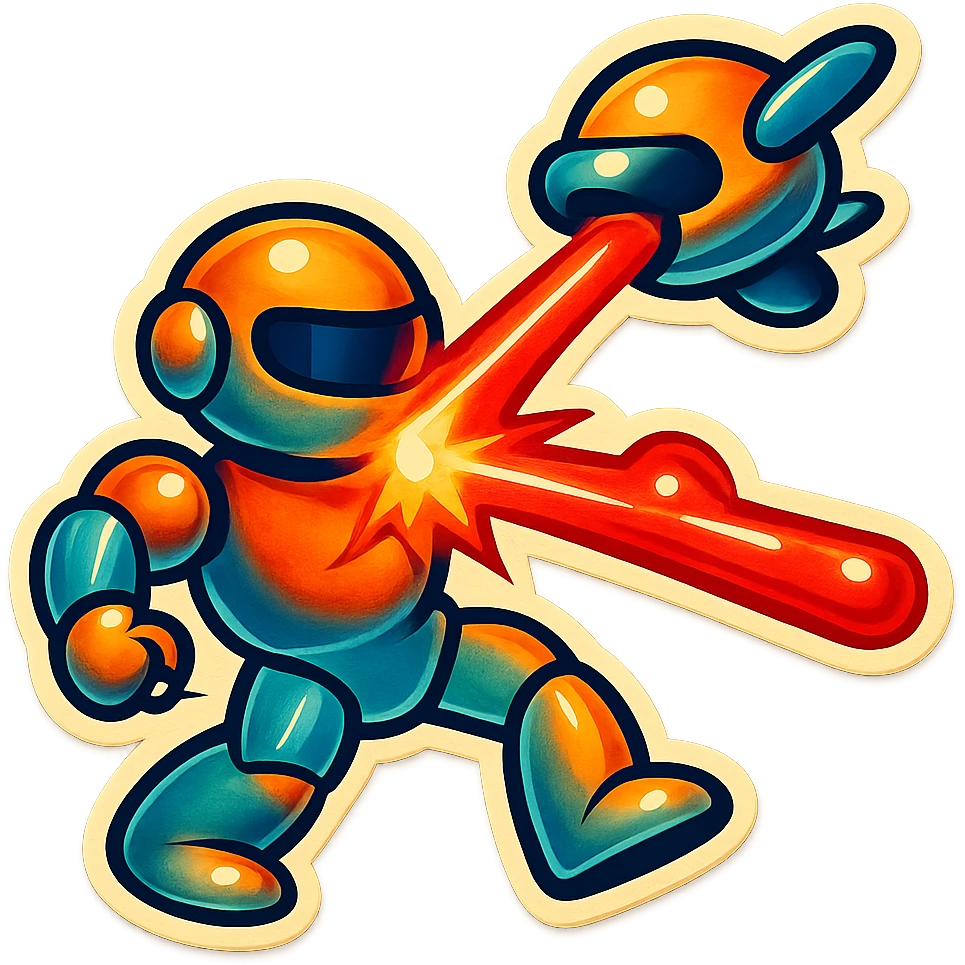new character...robot being hit with a red beam by a flying robot emoji