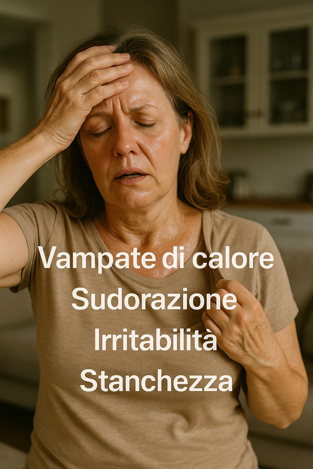Donna in menopausa con sintomi evidenti. immagini specifiche, se usi testo deve essere in italiano. immagini realistiche 4k emoji