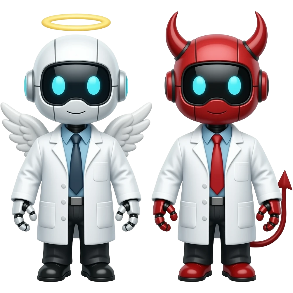 make 2 robots in the lab coat. One is like an angel with a halo and second is with devils horns emoji