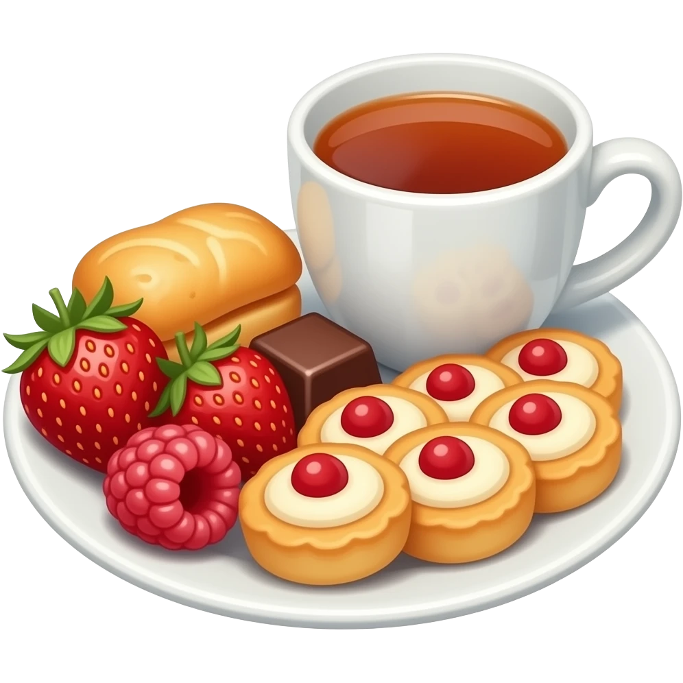emoji-style illustration of a cozy snack plate for a reader, filled with strawberries, raspberries, chocolate, small pastries, and a cup of tea, bookish vibe, minimal background, kawaii emoji style, no characters emoji