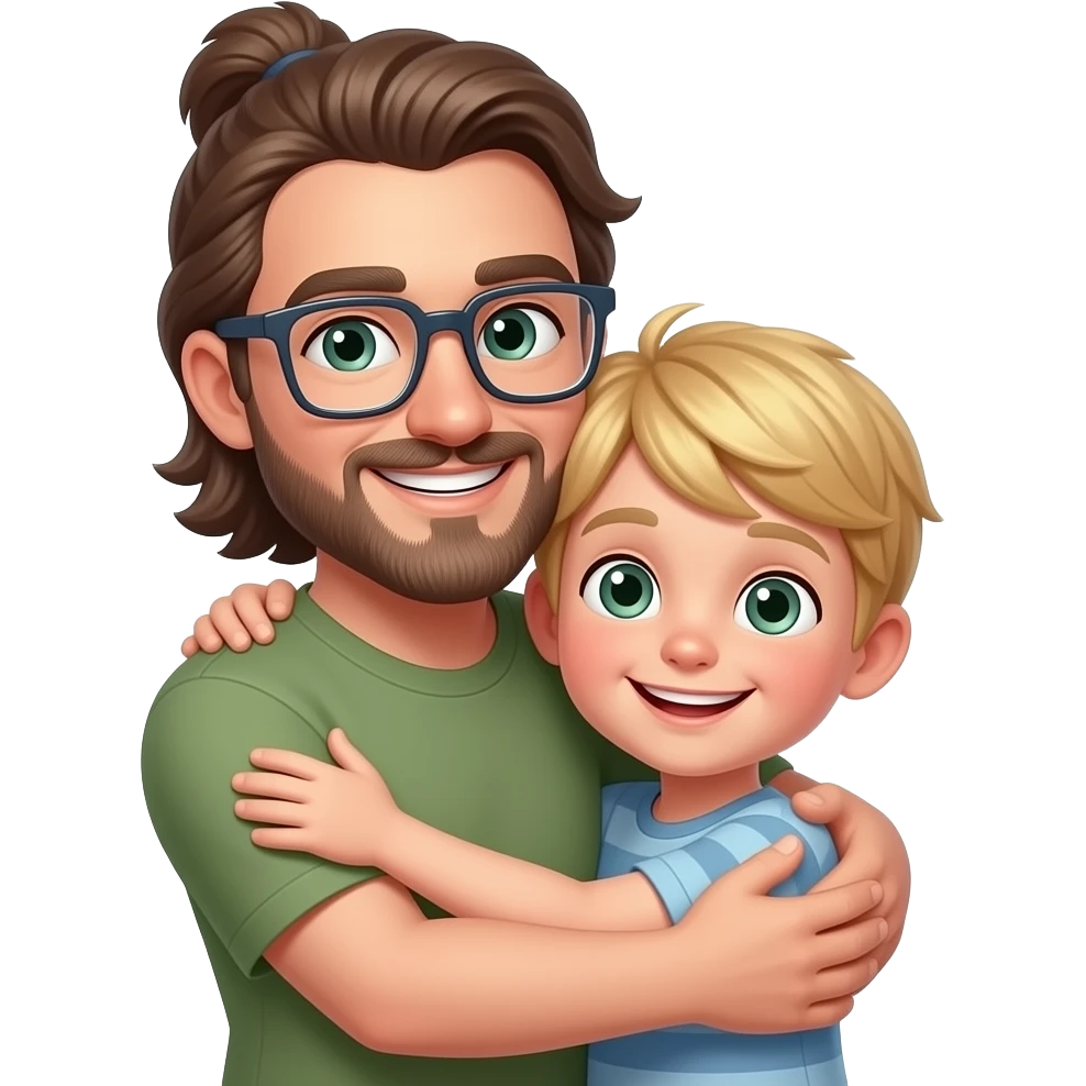 Dad with 8 year old son. Son blond hair, grey-green eyes, father with long hair collected in tail, small square glasses and light dark beard and mustache. Both hugging and smiling on picture emoji