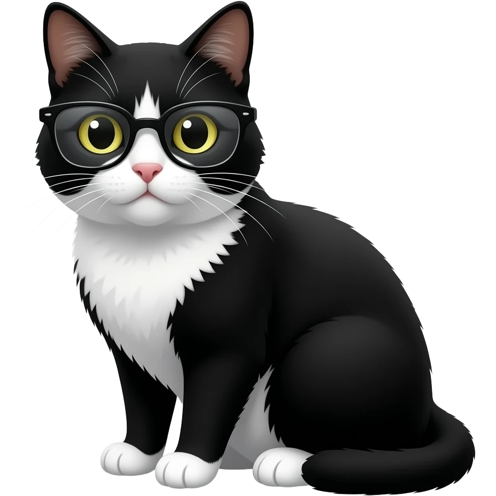 black and white cat sitting pose wear glasses emoji