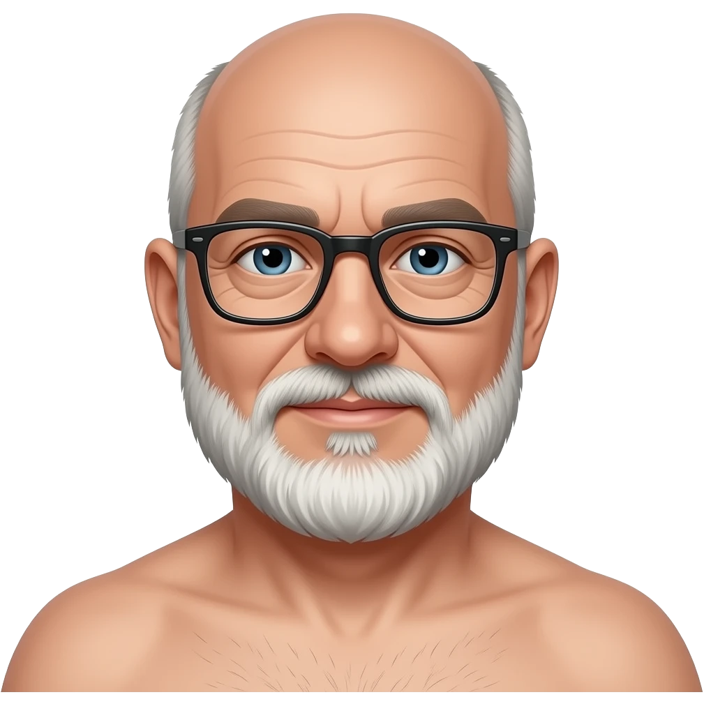 Naked older guy with glasses balding goatee beard and erect penis emoji
