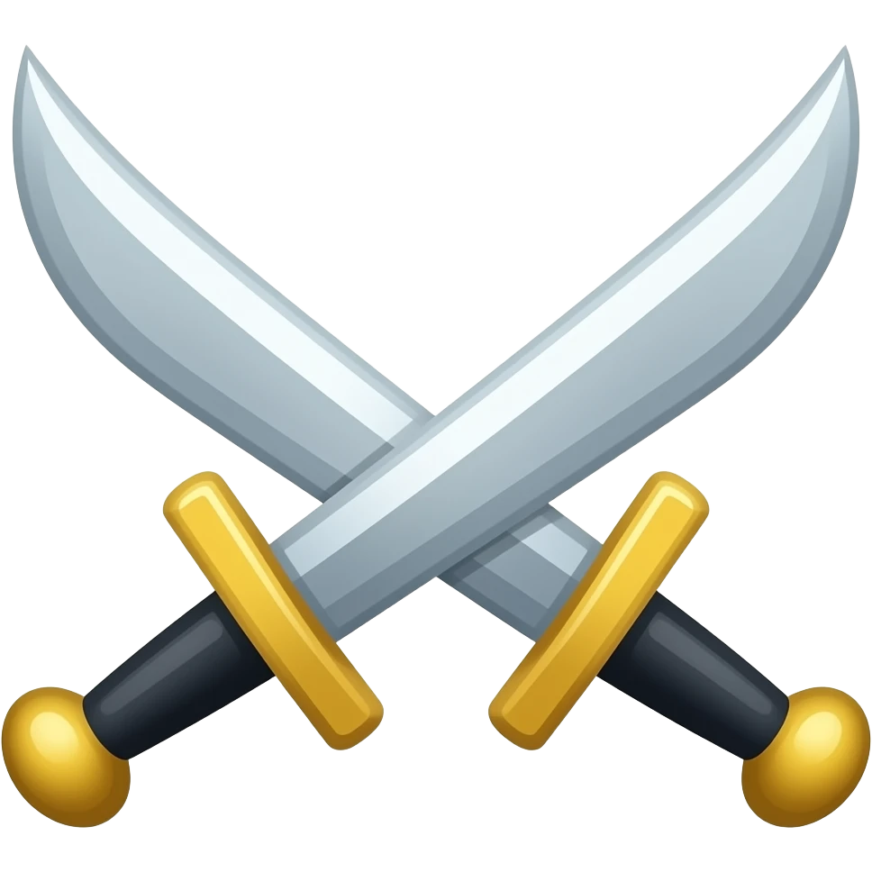 Crossed Arabian swords emoji, two curved scimitars crossing each other in the center, shiny silver blades, black handles with gold guards, symmetrical design, simple cartoon style, clean lines, minimal shading, vector emoji style, centered on white background, high contrast, icon style. emoji