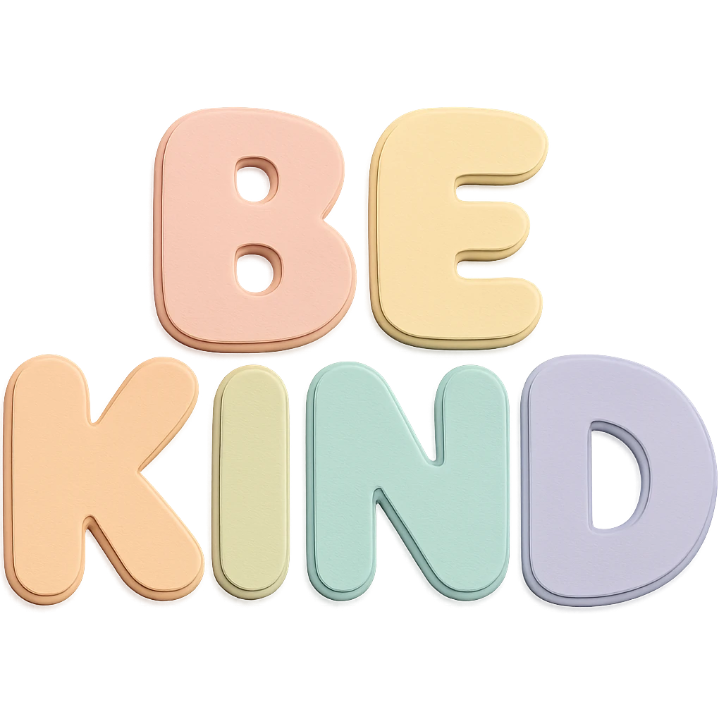 Remove the doodle face from the letters, keep the text 'Be Kind' in soft pastel rainbow puffy bubble letters, kawaii cute style, transparent background, no frame, paper craft style. emoji