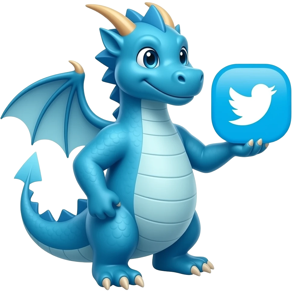 Blue dragon looking right holding twitter logo emoji
