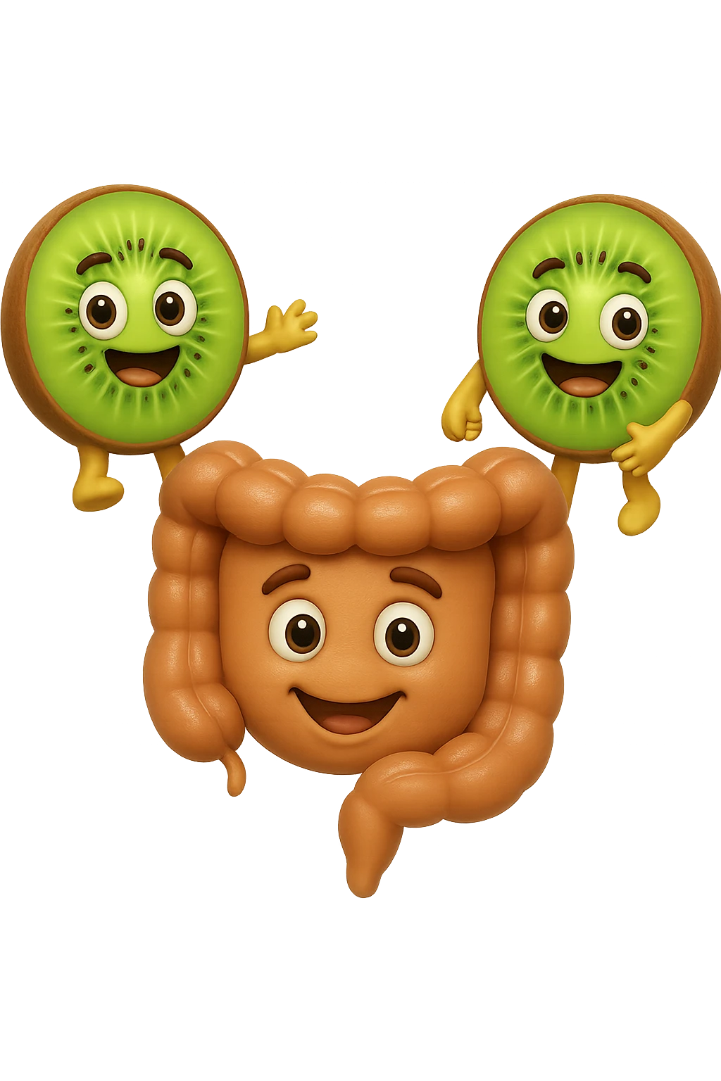 emoji stile iphone di kiwi fluttuano in aria tenendo in mano un pezzo di colon con espressione felice in volto, iperrealistico 4k emoji