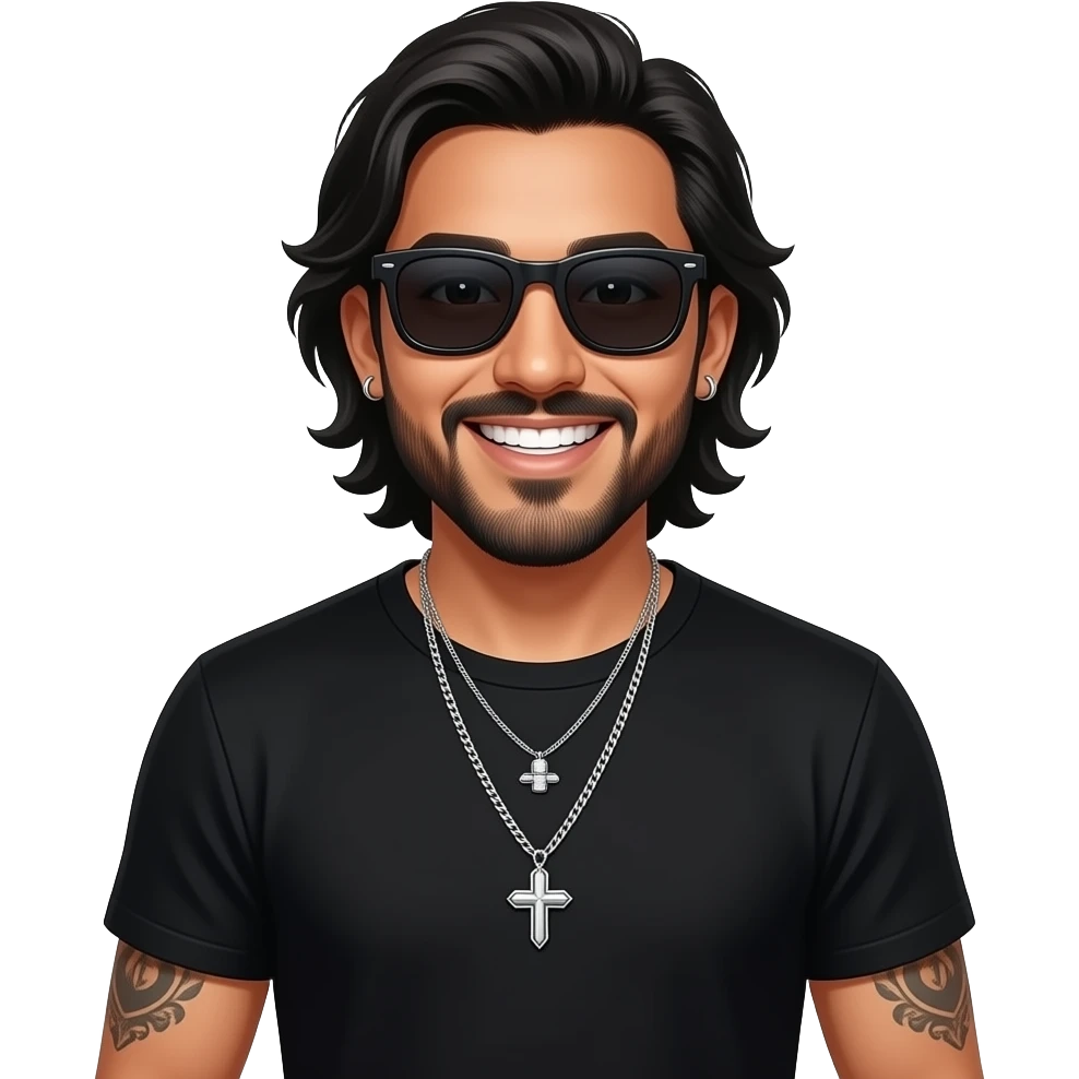 handsome, manly Latino podcast host with black colored eyes wearing black with silver jewelry, with medium length hair, a very long, lightly graying beard and tattoos, his ear and nose pierced, dark sunglasses. He is very happy emoji