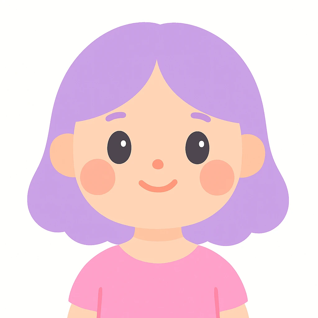a girl with a cute peachy face, round cheeks, small nose, sweet and innocent look, lavender hair, plain background emoji