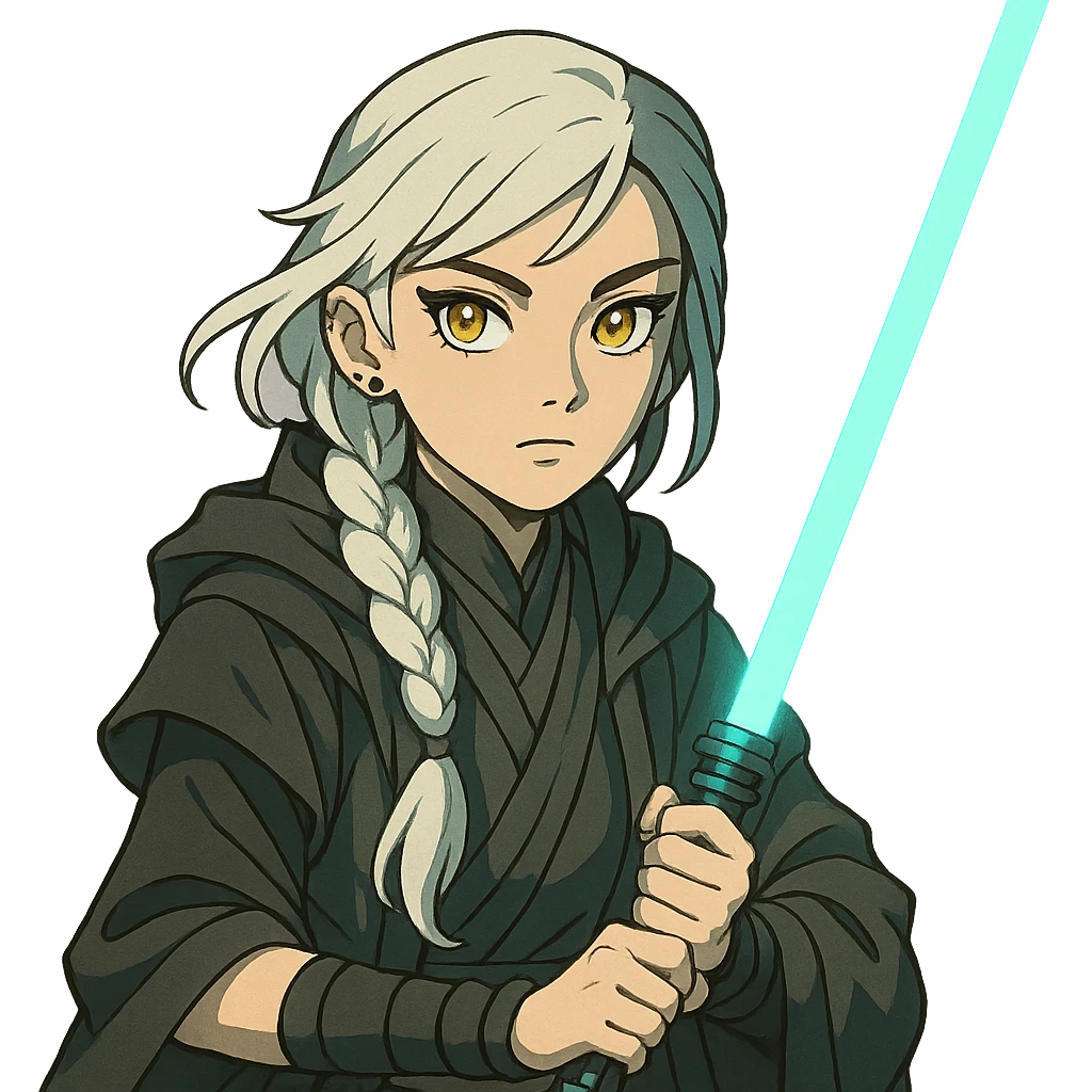  a closeup portrait of young woman with gold yellow eyes, white hair, long braid, black off-shoulder top, punk gothic style, futuristic cyberwave cyberpunk,  jedi attire and posture robes of a padawan, foreweilding a bright blue-green lightsaber emoji
