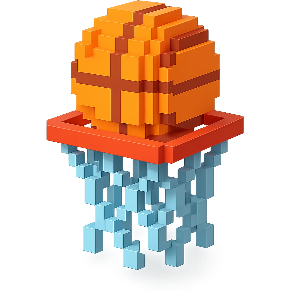 A voxel-style basketball in a net emoji