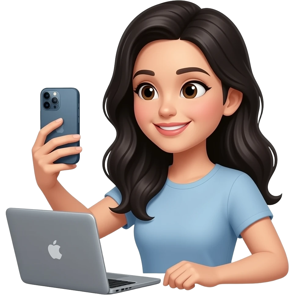 Mujer con cabello negro largo de piel normal grabandose con su iphone a ella misma y una mackbook a su lado emoji