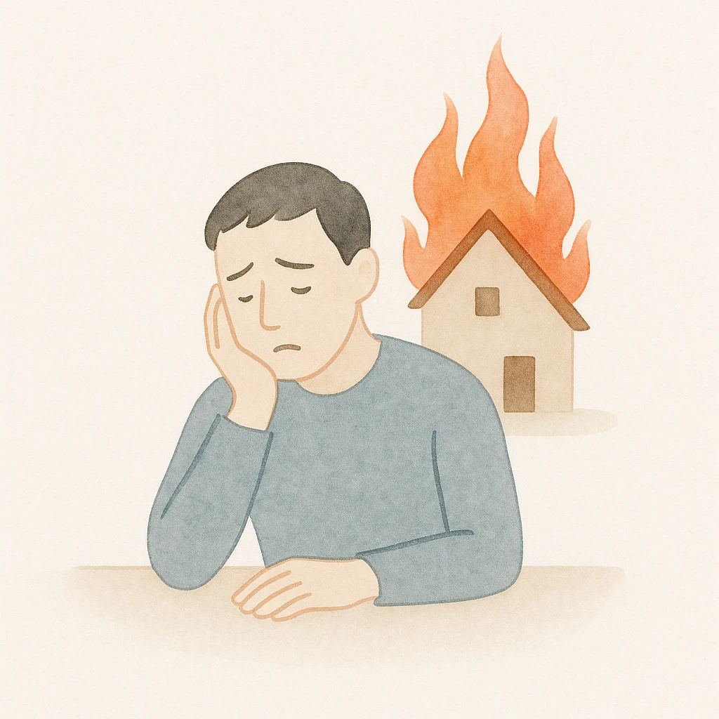 a man sits sadly at a table, a house is burning behind him, painterly expressive style emoji