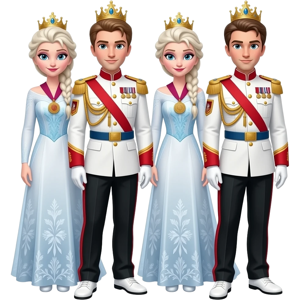 Elsa and Anna arendelle from disney frozen movie are same wearing gold tiara white military tunic arm badge shoulder cord medal red sash blue belt black trouser with both side red stripe white shoes and they both reached at righteous place emoji