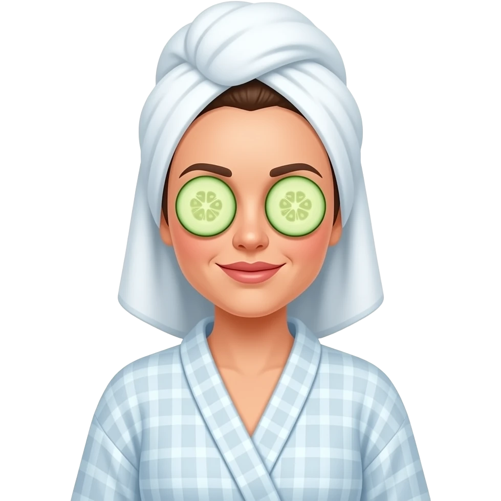 woman in a robe with hair in a towel and cucumber slices on her eyes emoji